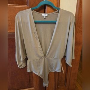 Taupe / Khaki Plunge Low Neckline Bodysuit